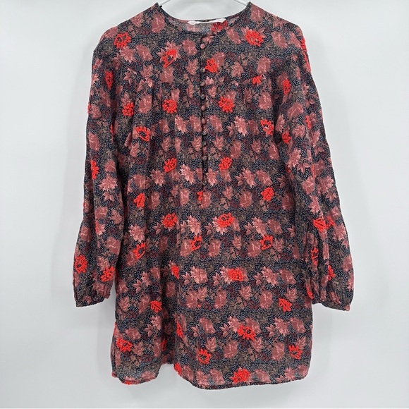 Zara Top Women Small Brown Red Embroidered Dress Long Sleeve Lightweight Boho - Picture 1 of 9